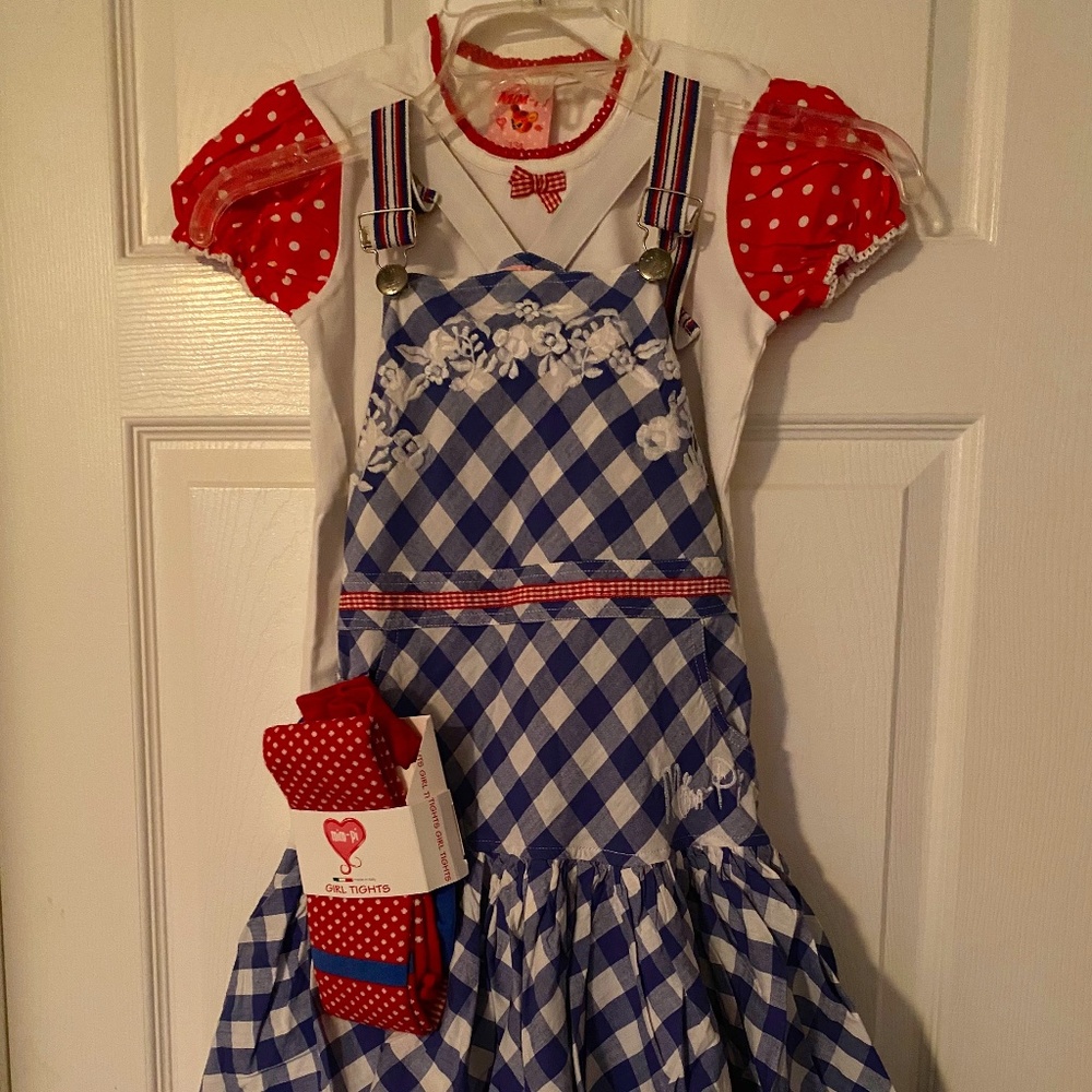 Mim-Pi SET Blue DRESS 8 Years 128 cm Bambi TOP Red Dots TIGHTS 8